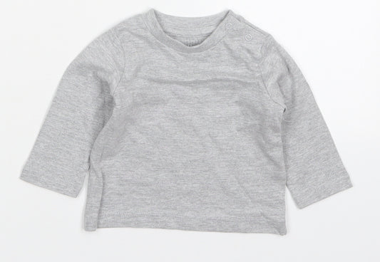 Front view of Peacocks Baby Grey Cotton Basic T-Shirt, size 0-3, Months Crew Neck Pullover