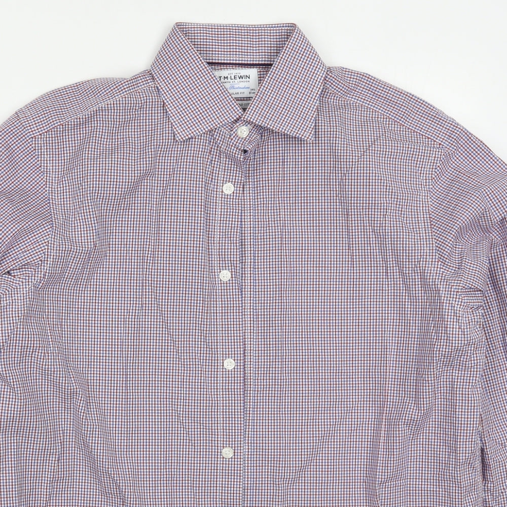 TM Lewin Mens Multicoloured Check Cotton  Dress Shirt Size 15.5 Collared Button - Red and Blue