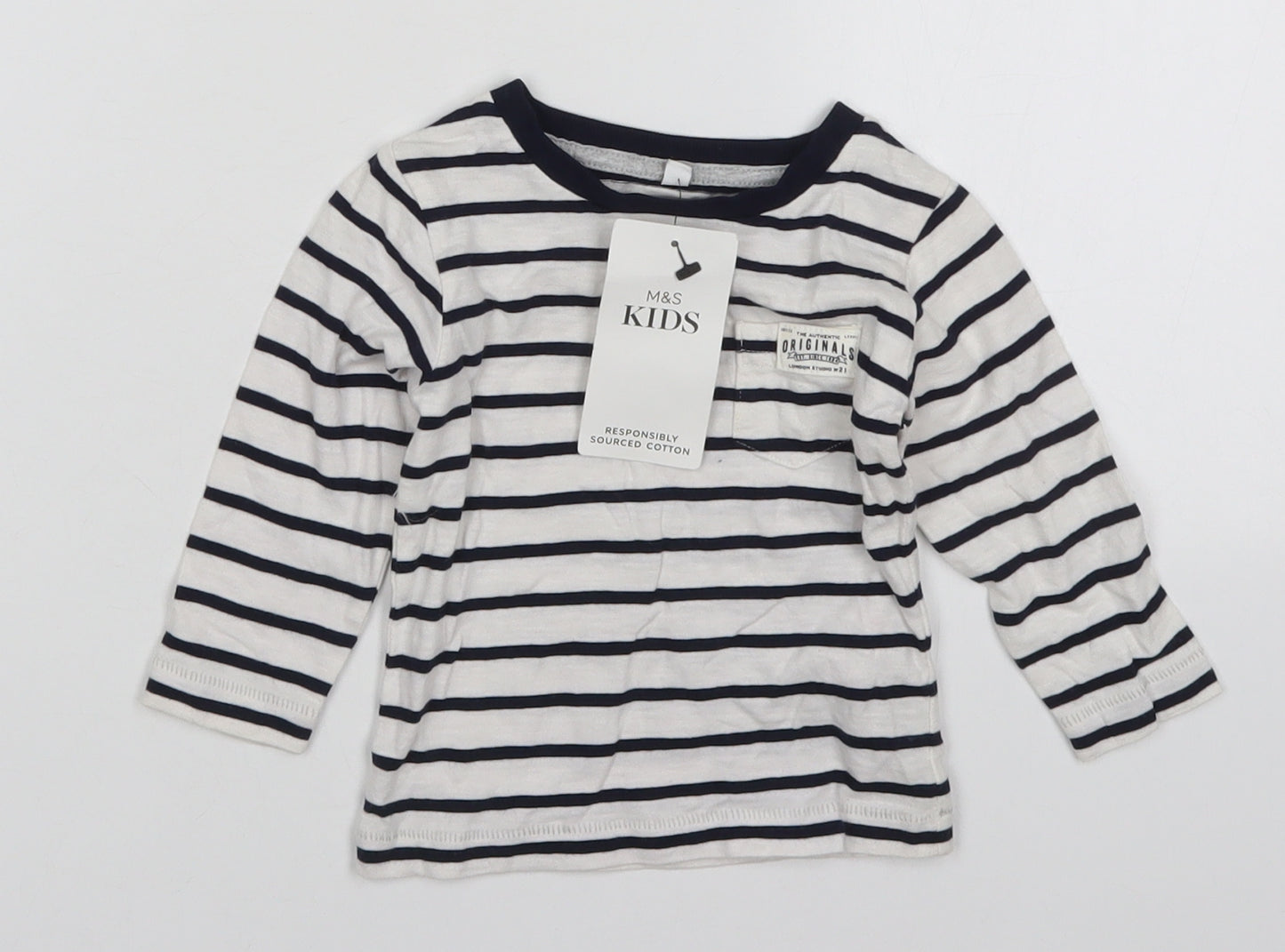 Marks and Spencer Boys White Striped Cotton Basic T-Shirt Size 3-6 Months Crew Neck Pullover