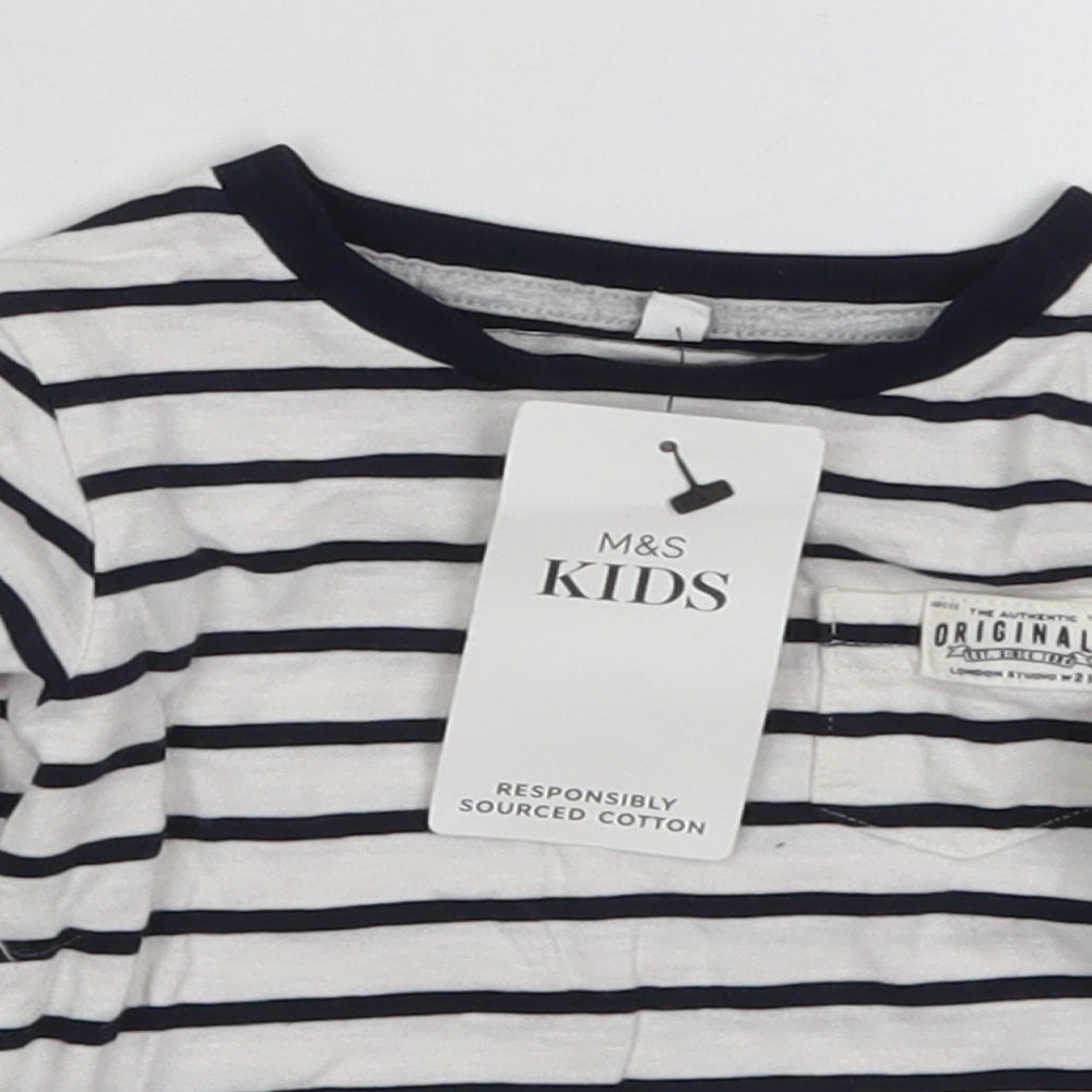 Marks and Spencer Boys White Striped Cotton Basic T-Shirt Size 3-6 Months Crew Neck Pullover