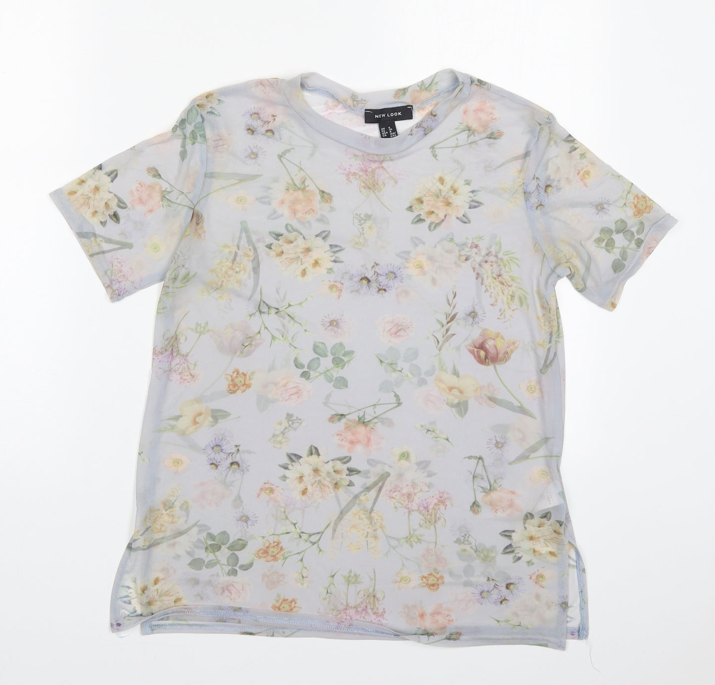 New Lok Womens Grey Floral Nylon Basic T-Shirt Size 8 Round Neck