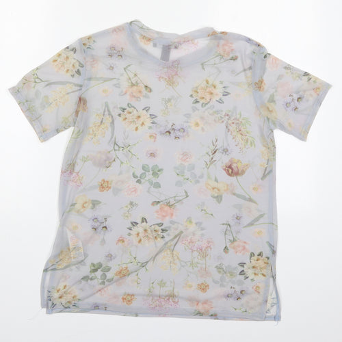 New Lok Womens Grey Floral Nylon Basic T-Shirt Size 8 Round Neck