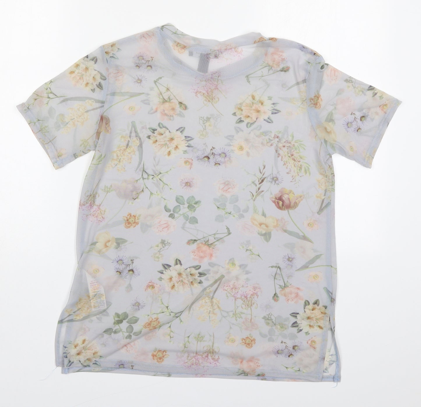 New Lok Womens Grey Floral Nylon Basic T-Shirt Size 8 Round Neck