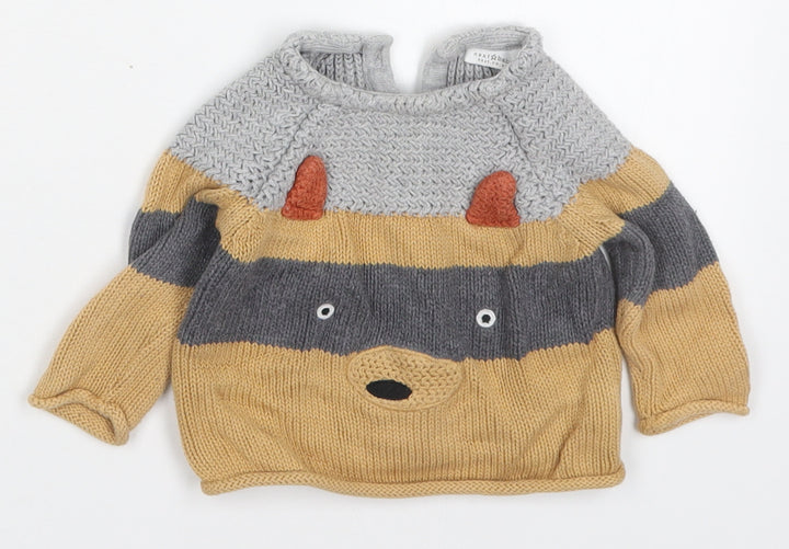 NEXT Boys Beige Striped Cotton Pullover Jumper Size 3-6 Months Button - Raccoon