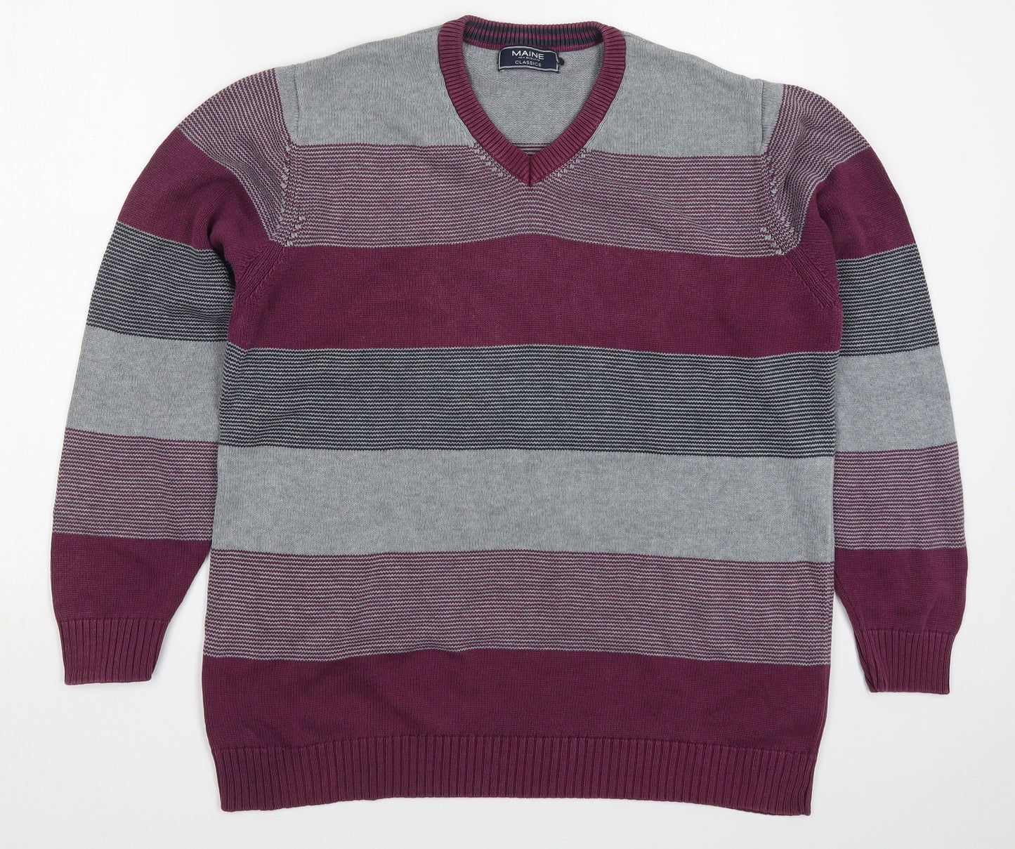 Maine Mens Purple V-Neck Striped Cotton Pullover Jumper Size M