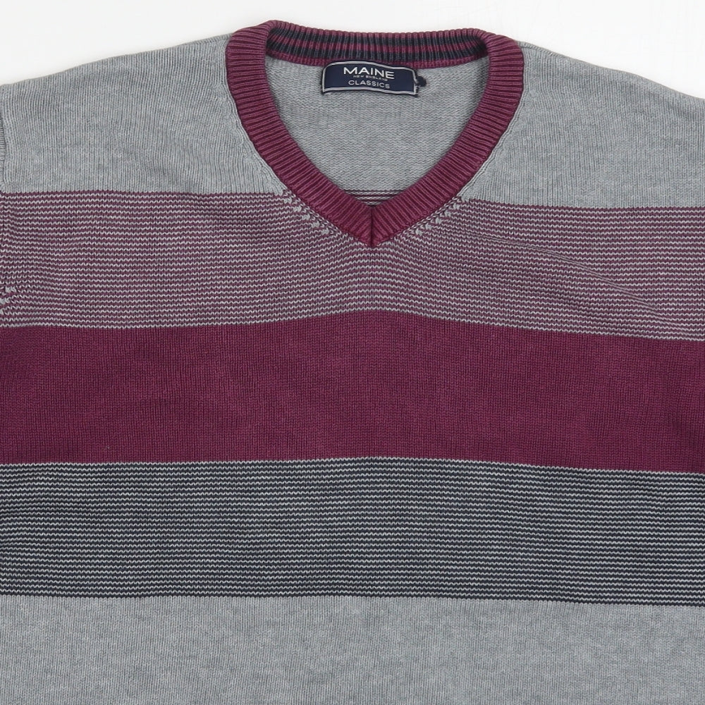 Maine Mens Purple V-Neck Striped Cotton Pullover Jumper Size M