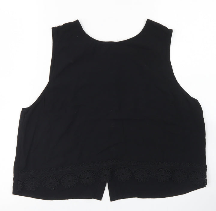 Brave Soul Womens Black  Viscose Cropped Blouse Size L Round Neck - Lace Trim