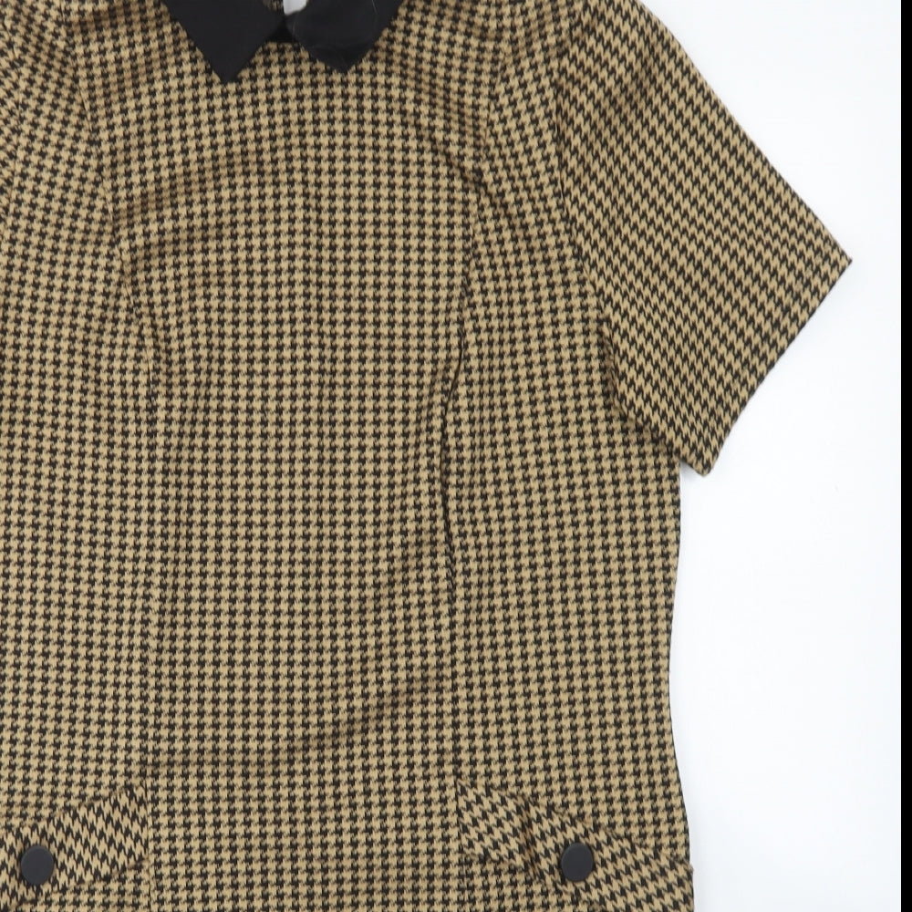 George Womens Beige Houndstooth Polyester Shift  Size 14  Collared Button