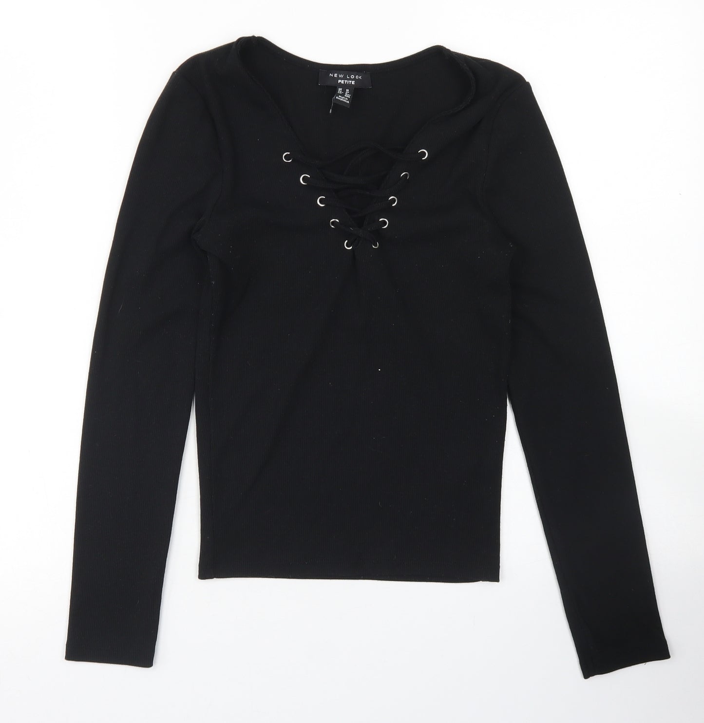 New Look Womens Black  Polyester Basic T-Shirt Size 10 V-Neck - Lace Up Front