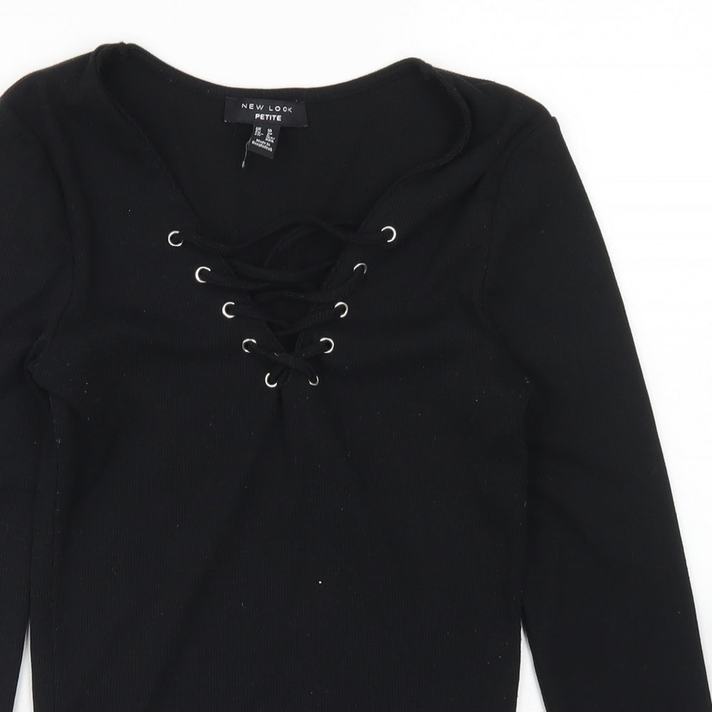 New Look Womens Black  Polyester Basic T-Shirt Size 10 V-Neck - Lace Up Front