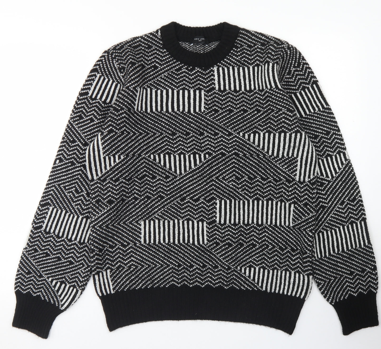 New Look Mens Black Crew Neck Striped Acrylic Pullover Jumper Size M