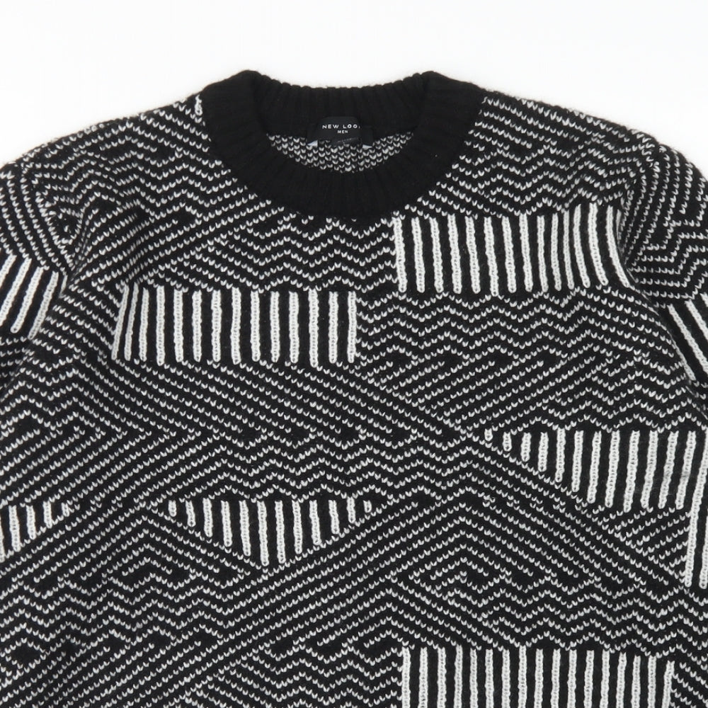 New Look Mens Black Crew Neck Striped Acrylic Pullover Jumper Size M