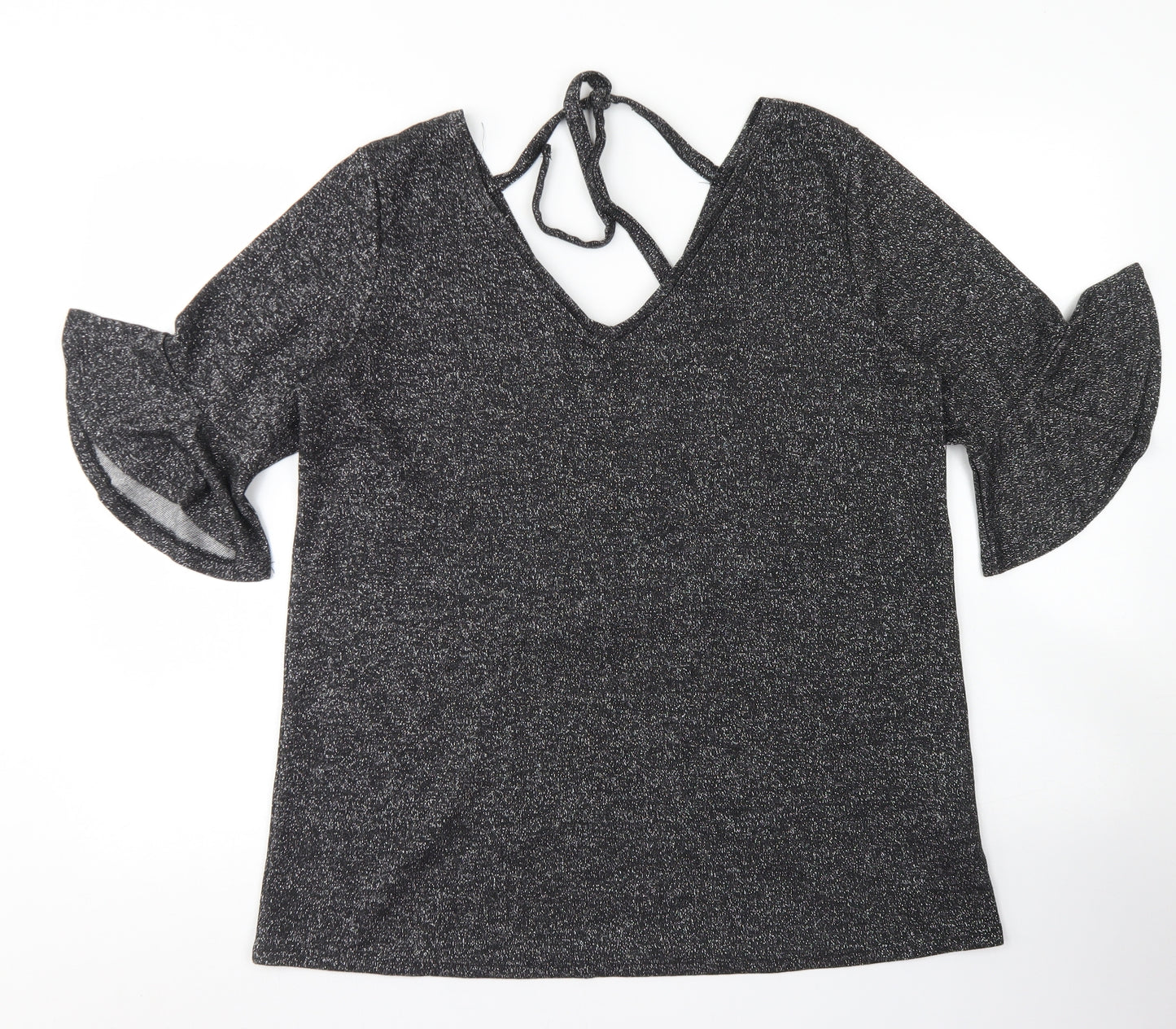 George Womens Black  Viscose Basic T-Shirt Size 16 V-Neck - Ruffle Sleeve