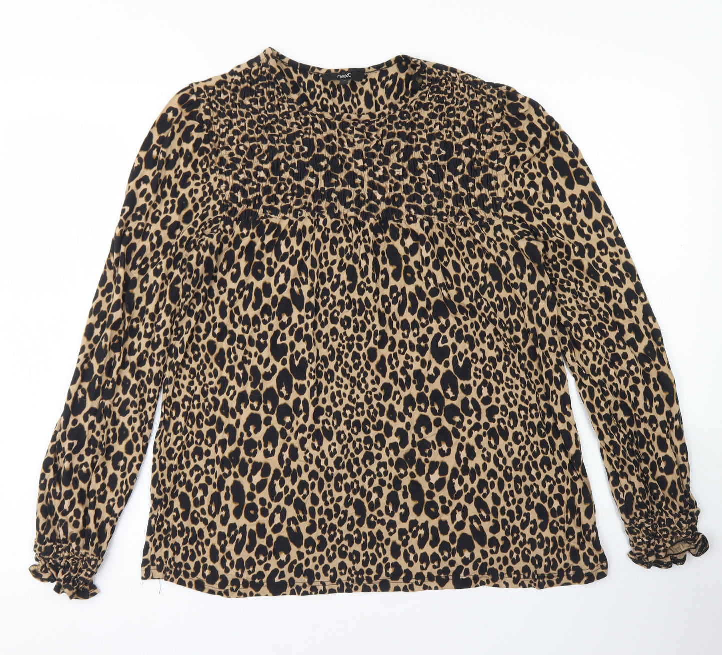 NEXT Womens Brown Animal Print Viscose Basic T-Shirt Size 12 Crew Neck - Lettuce Edged Sleeves