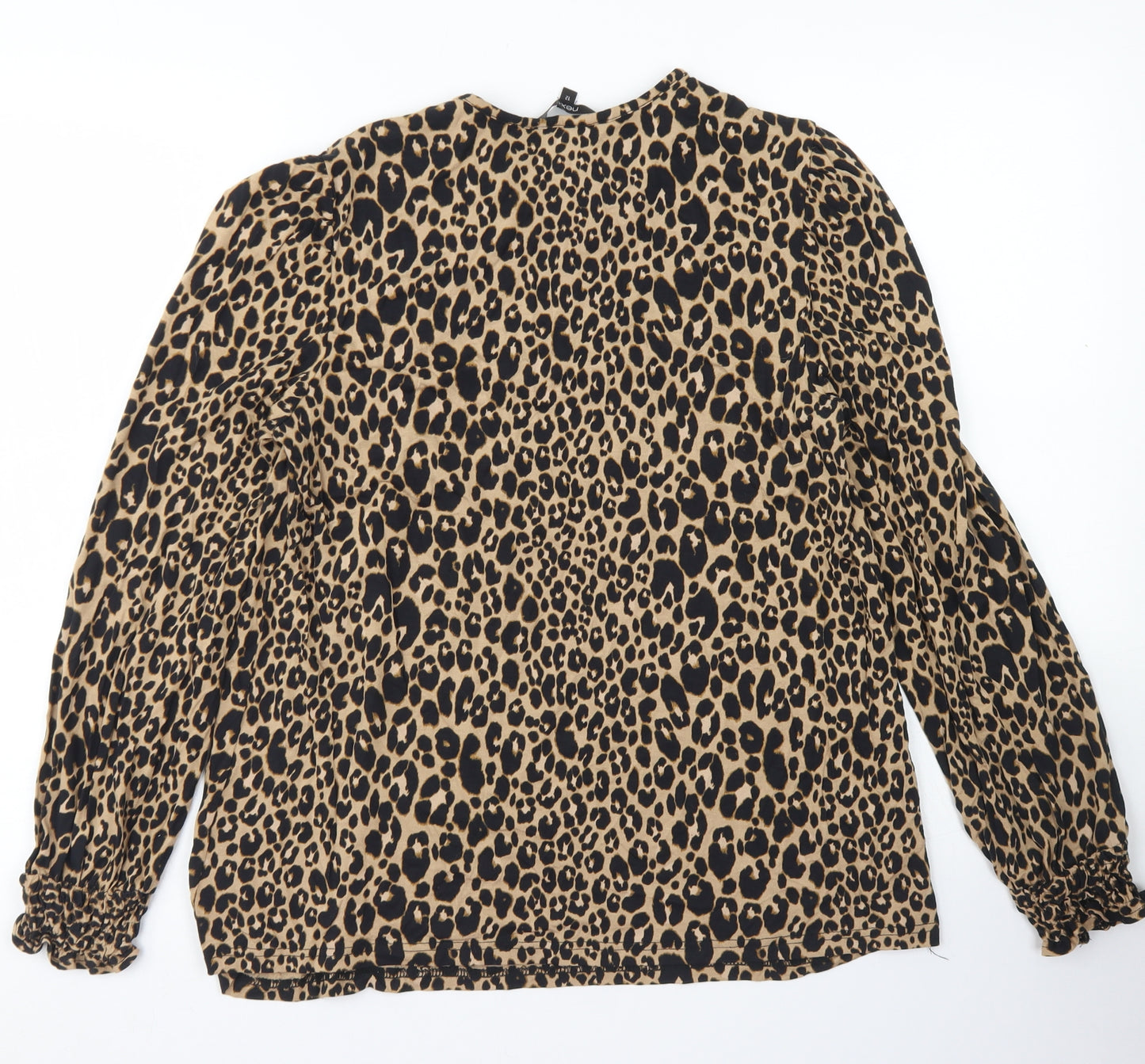 NEXT Womens Brown Animal Print Viscose Basic T-Shirt Size 12 Crew Neck - Lettuce Edged Sleeves