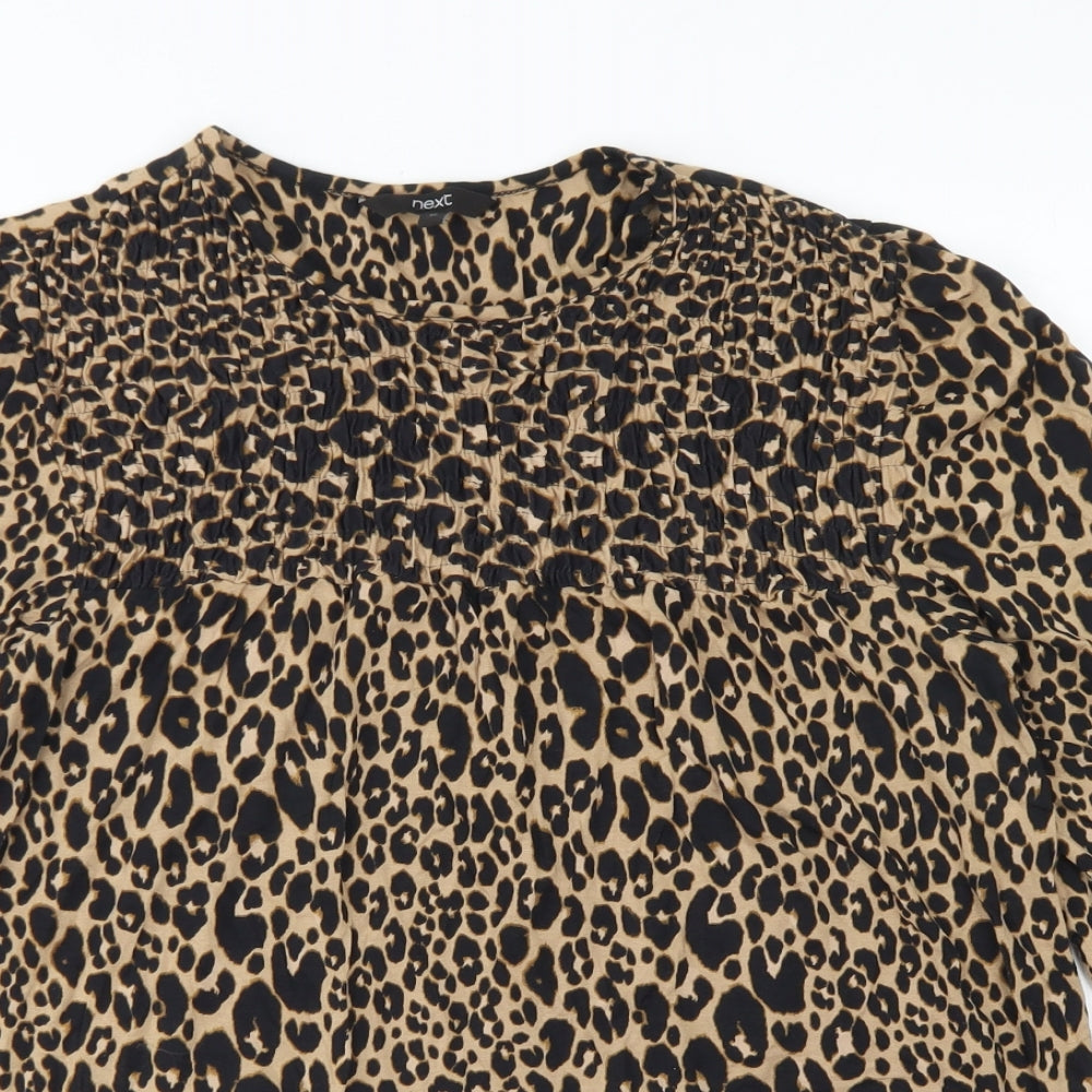 NEXT Womens Brown Animal Print Viscose Basic T-Shirt Size 12 Crew Neck - Lettuce Edged Sleeves