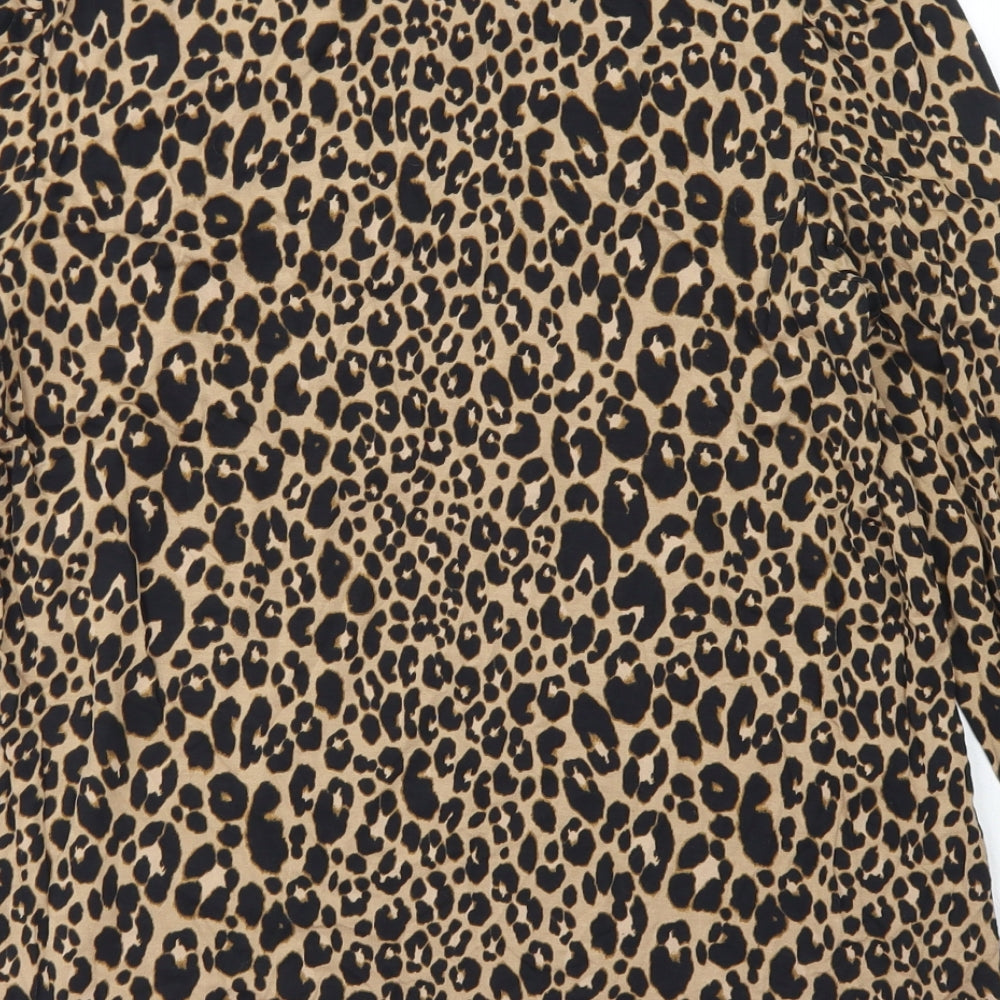 NEXT Womens Brown Animal Print Viscose Basic T-Shirt Size 12 Crew Neck - Lettuce Edged Sleeves