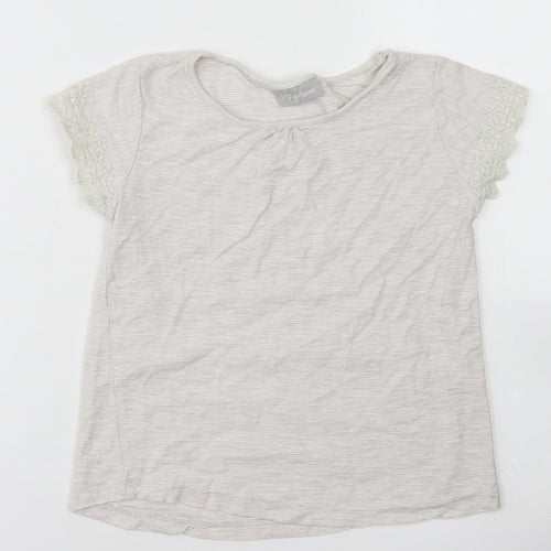 Matalan Girls Grey Striped Cotton Basic T-Shirt Size 6-7 Years Crew Neck  - Lace sleeve detail