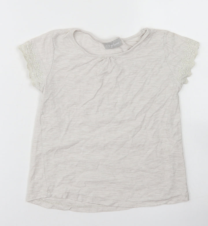 Matalan Girls Grey Striped Cotton Basic T-Shirt Size 6-7 Years Crew Neck  - Lace sleeve detail
