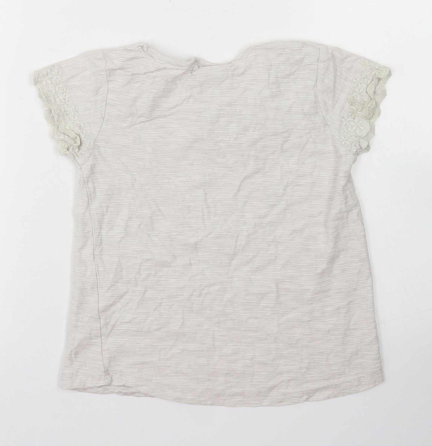 Matalan Girls Grey Striped Cotton Basic T-Shirt Size 6-7 Years Crew Neck  - Lace sleeve detail