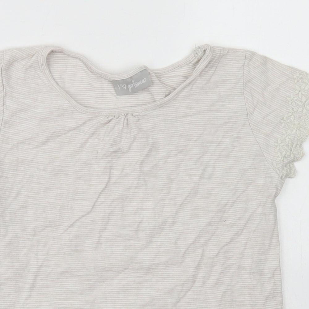 Matalan Girls Grey Striped Cotton Basic T-Shirt Size 6-7 Years Crew Neck  - Lace sleeve detail