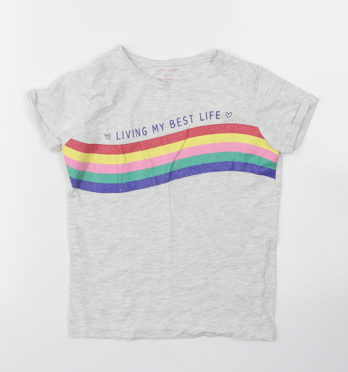 Primark Girls Grey  Cotton Basic T-Shirt Size 7-8 Years Crew Neck  - Rainbow