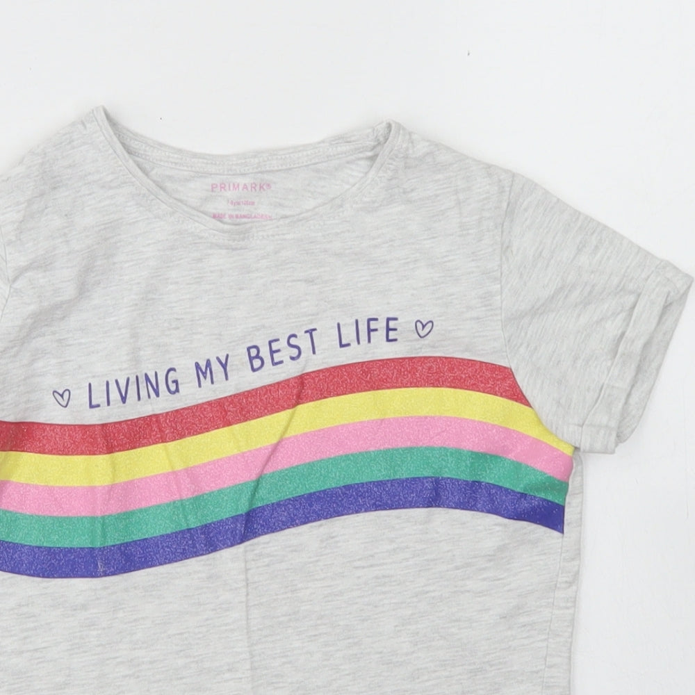 Primark Girls Grey  Cotton Basic T-Shirt Size 7-8 Years Crew Neck  - Rainbow