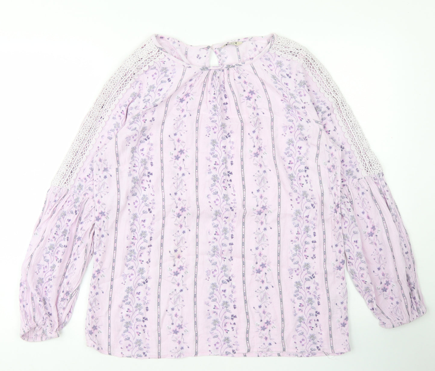 M&Co Womens Purple Floral Viscose Basic T-Shirt Size 10 Round Neck - Lace sleeve detail
