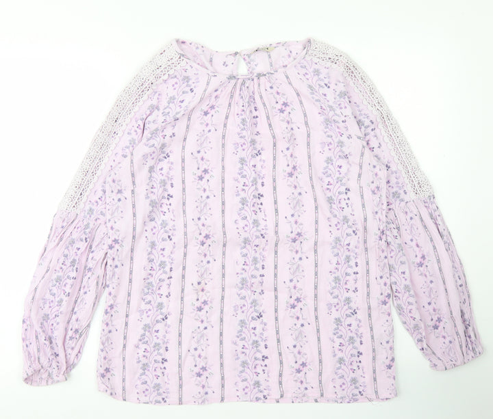 M&Co Womens Purple Floral Viscose Basic T-Shirt Size 10 Round Neck - Lace sleeve detail