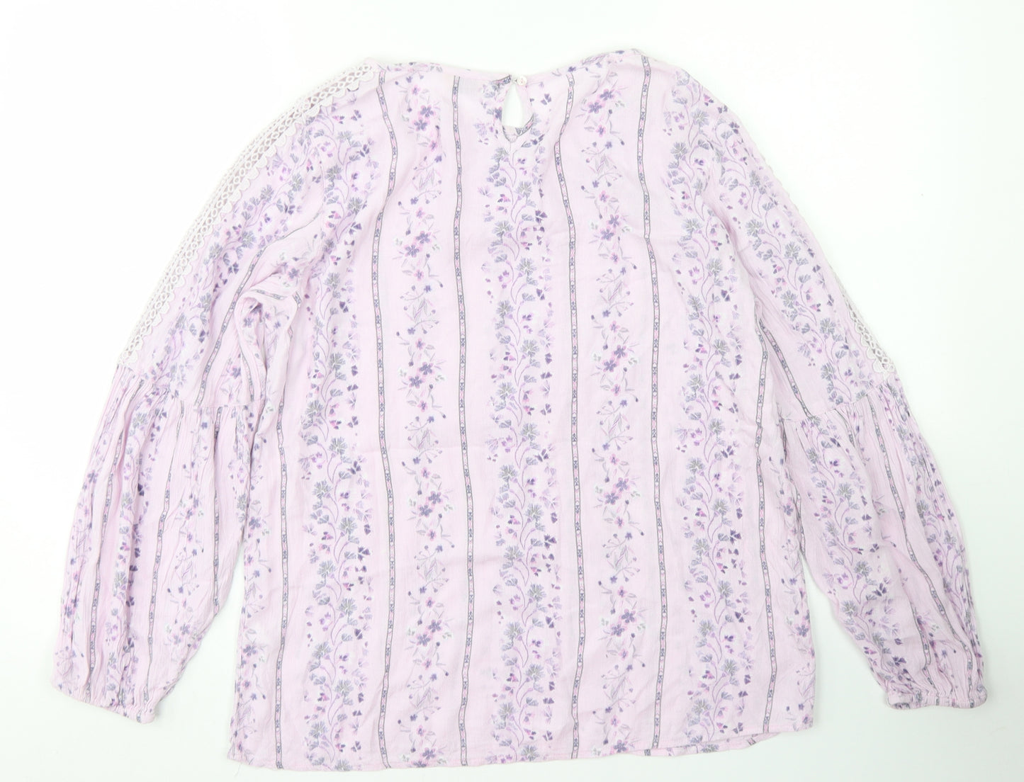 M&Co Womens Purple Floral Viscose Basic T-Shirt Size 10 Round Neck - Lace sleeve detail