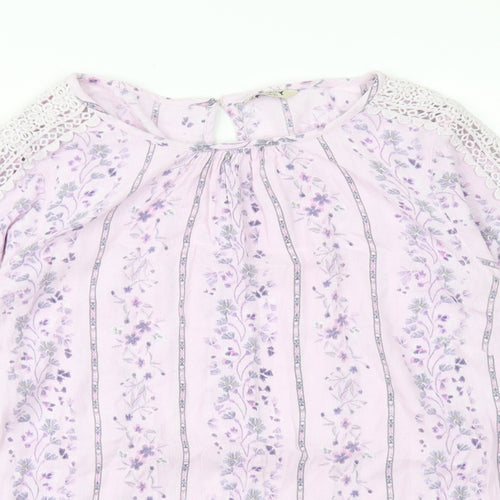 M&Co Womens Purple Floral Viscose Basic T-Shirt Size 10 Round Neck - Lace sleeve detail
