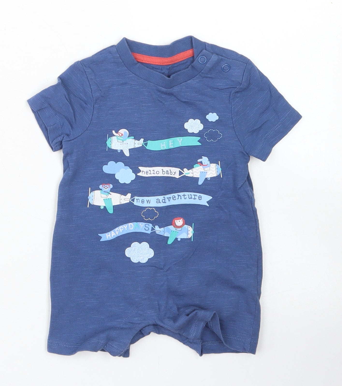 F&F Boys Blue  Cotton Romper One-Piece Size 0-3 Months  Snap - Aeroplanes, Aventure