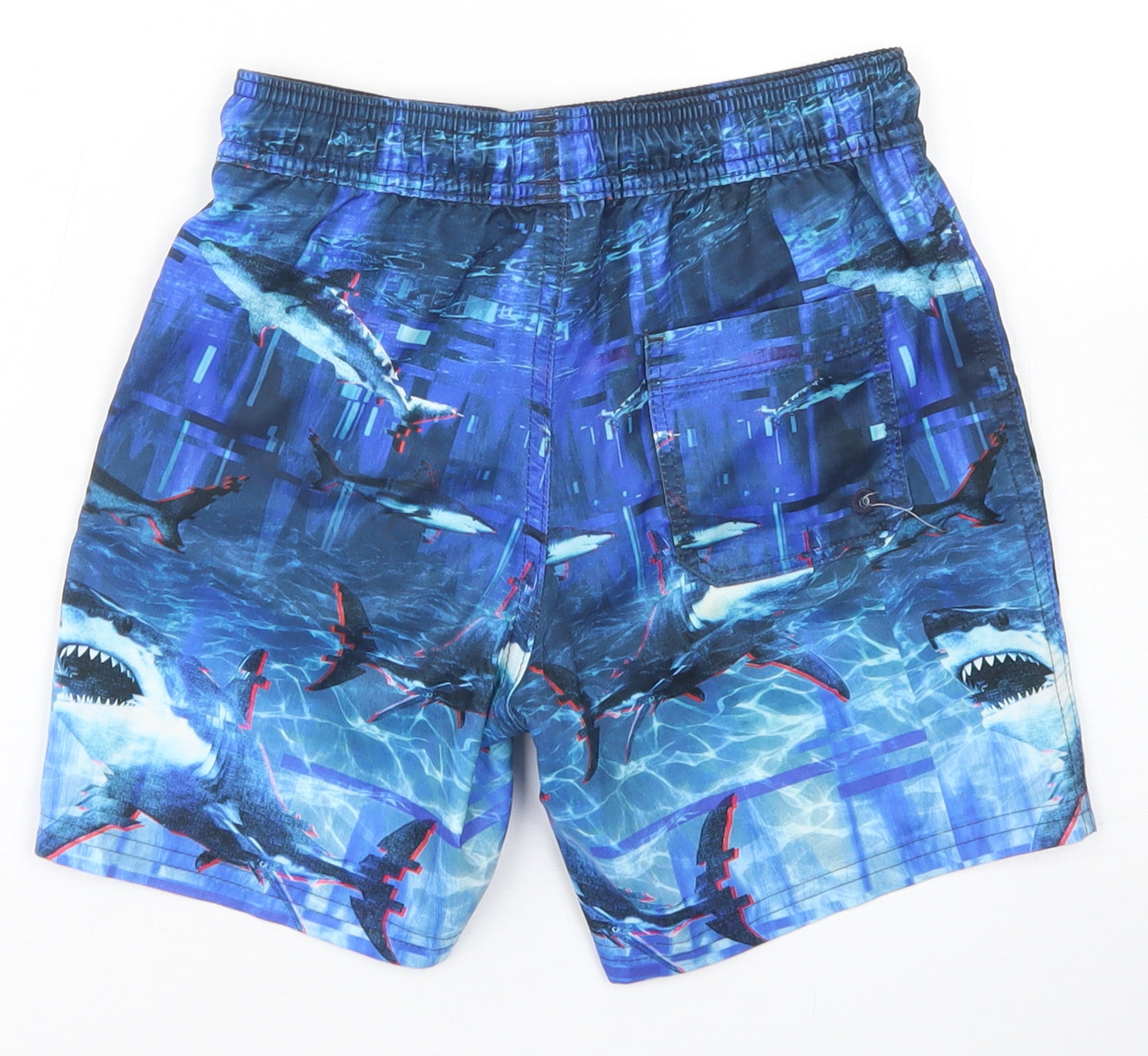 M&S Boys Blue  Polyester Bermuda Shorts Size 7-8 Years  Regular Drawstring - Shark Print, Board Shorts