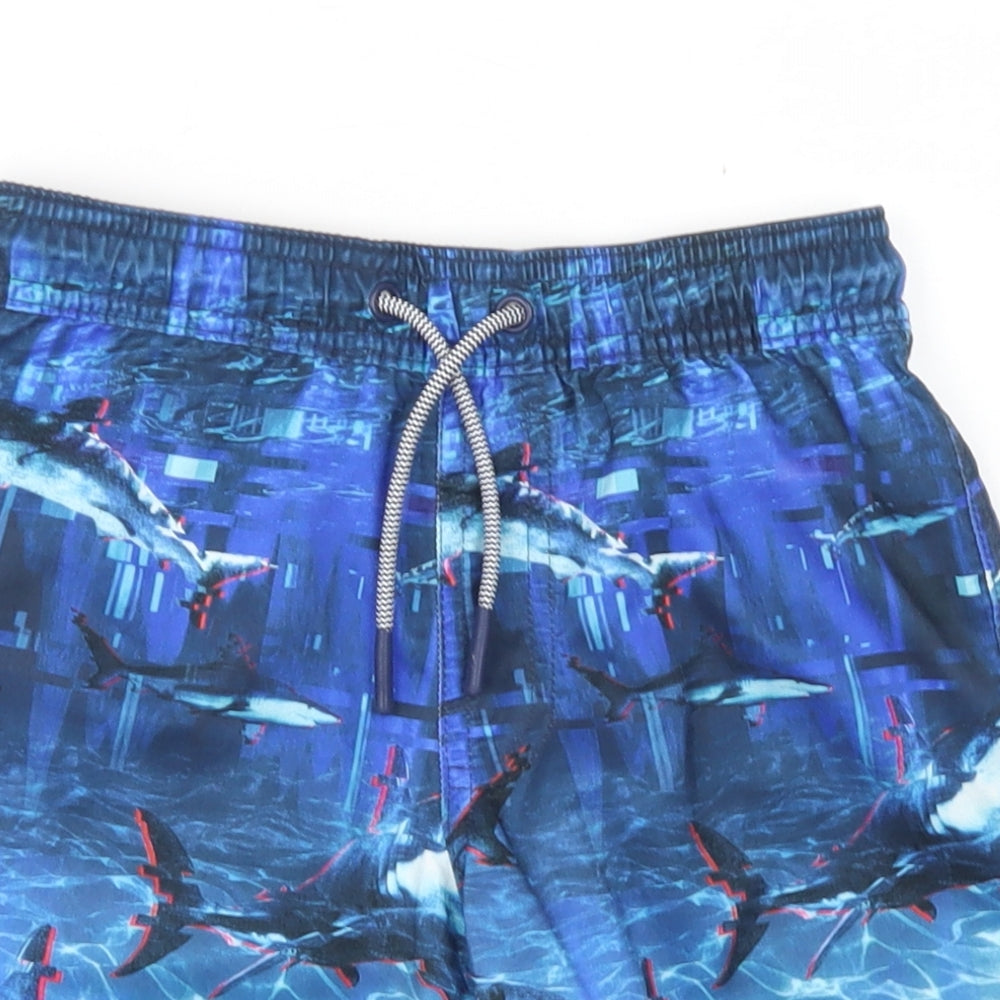 M&S Boys Blue  Polyester Bermuda Shorts Size 7-8 Years  Regular Drawstring - Shark Print, Board Shorts