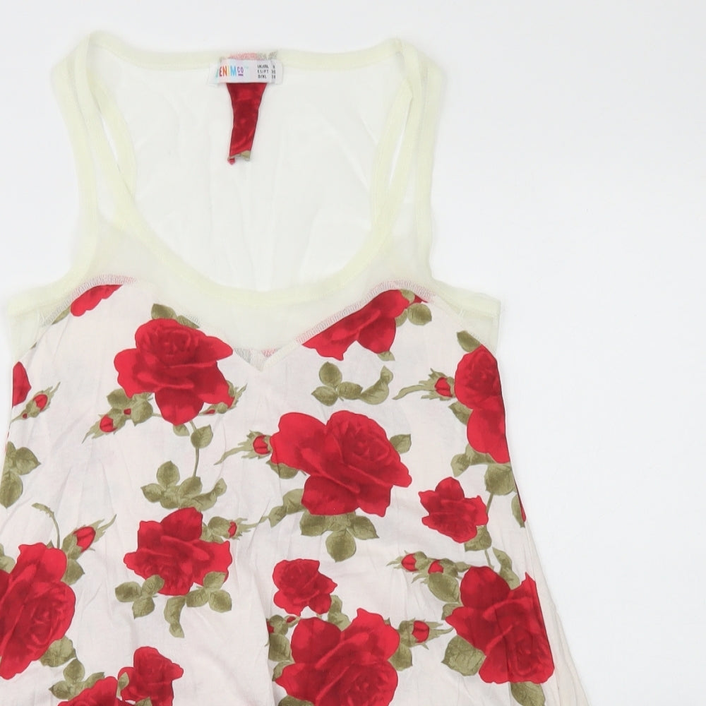 Denim Co Womens White Floral Cotton Basic Tank Size 8 Round Neck - Mesh Neckline