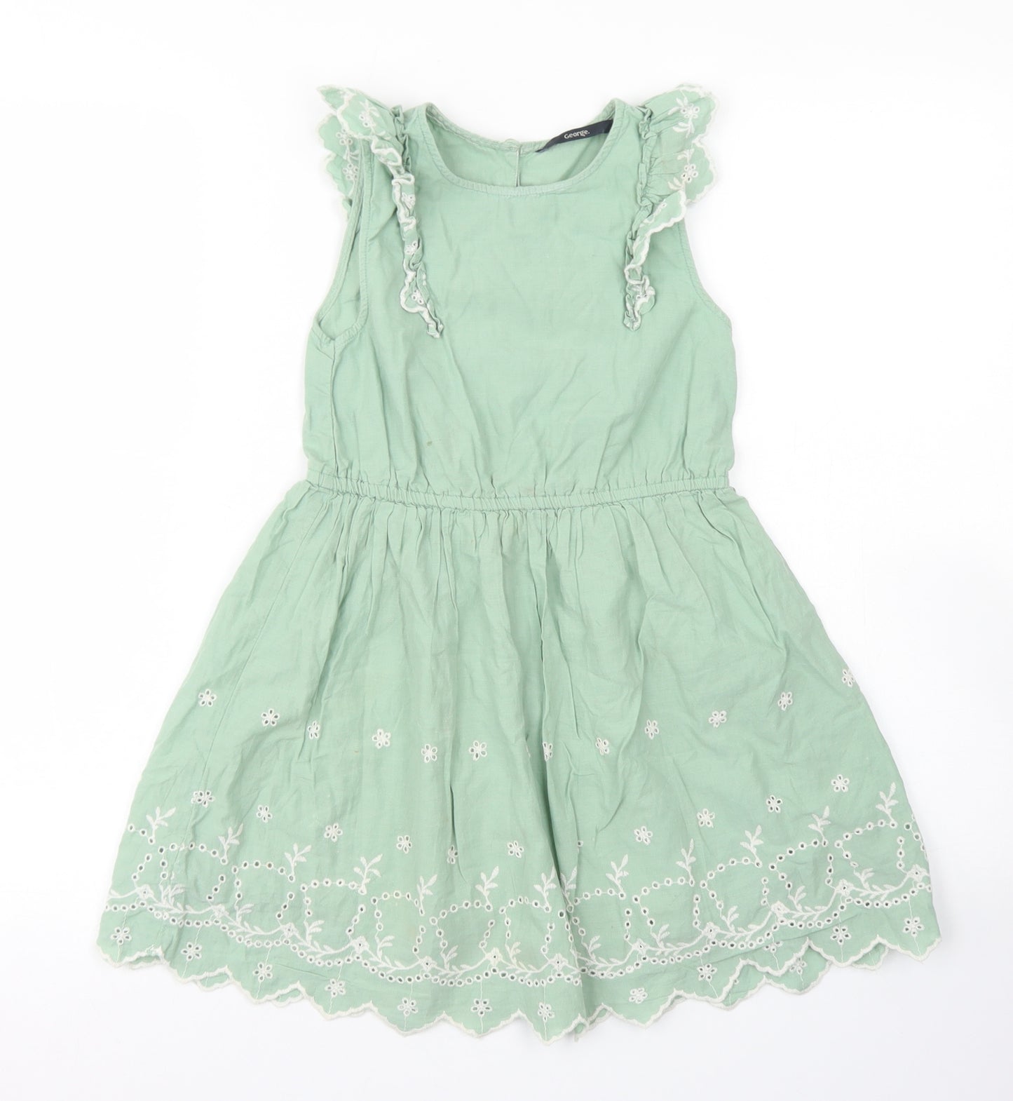 George Girls Green  Cotton Skater Dress  Size 6-7 Years  Crew Neck Button - Scalloped Edging