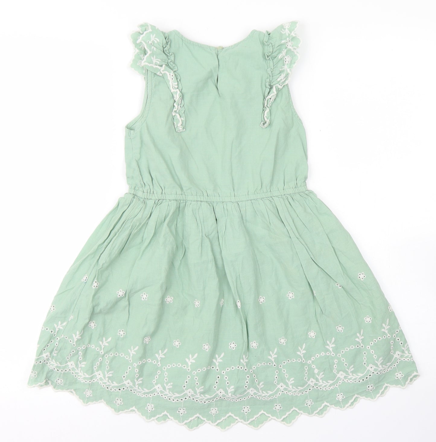 George Girls Green  Cotton Skater Dress  Size 6-7 Years  Crew Neck Button - Scalloped Edging