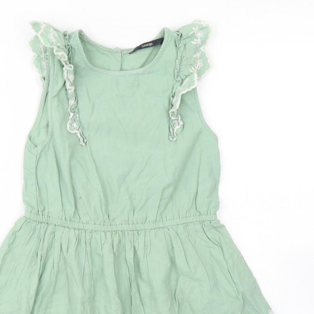 George Girls Green  Cotton Skater Dress  Size 6-7 Years  Crew Neck Button - Scalloped Edging