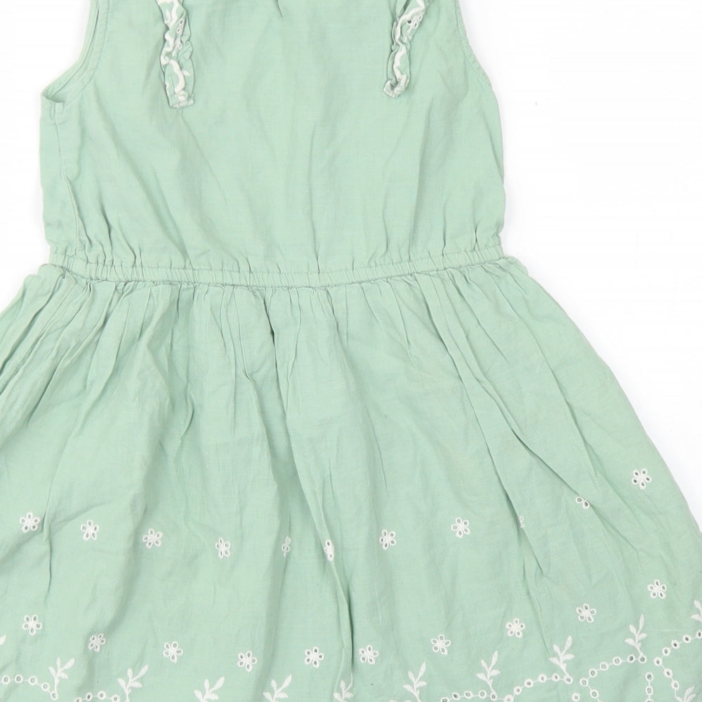 George Girls Green  Cotton Skater Dress  Size 6-7 Years  Crew Neck Button - Scalloped Edging