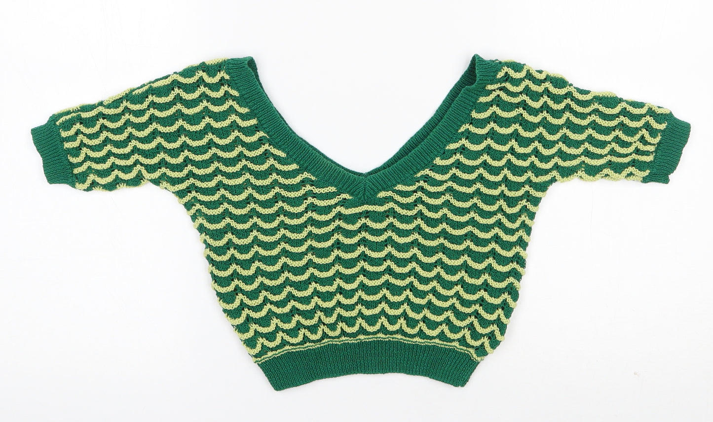 Zara Knit Womens Green V-Neck Geometric Cotton Pullover Jumper Size S