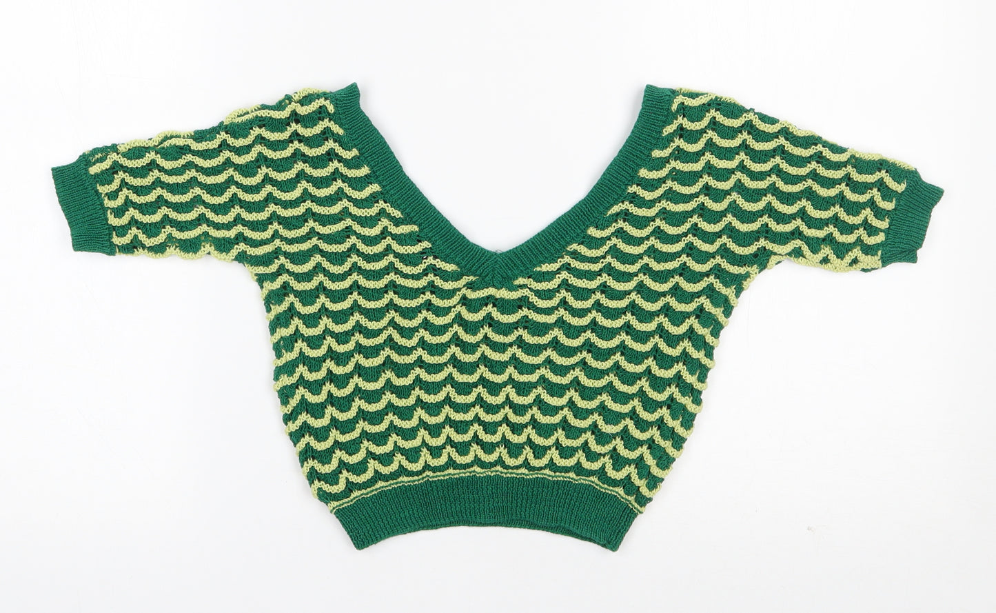 Zara Knit Womens Green V-Neck Geometric Cotton Pullover Jumper Size S