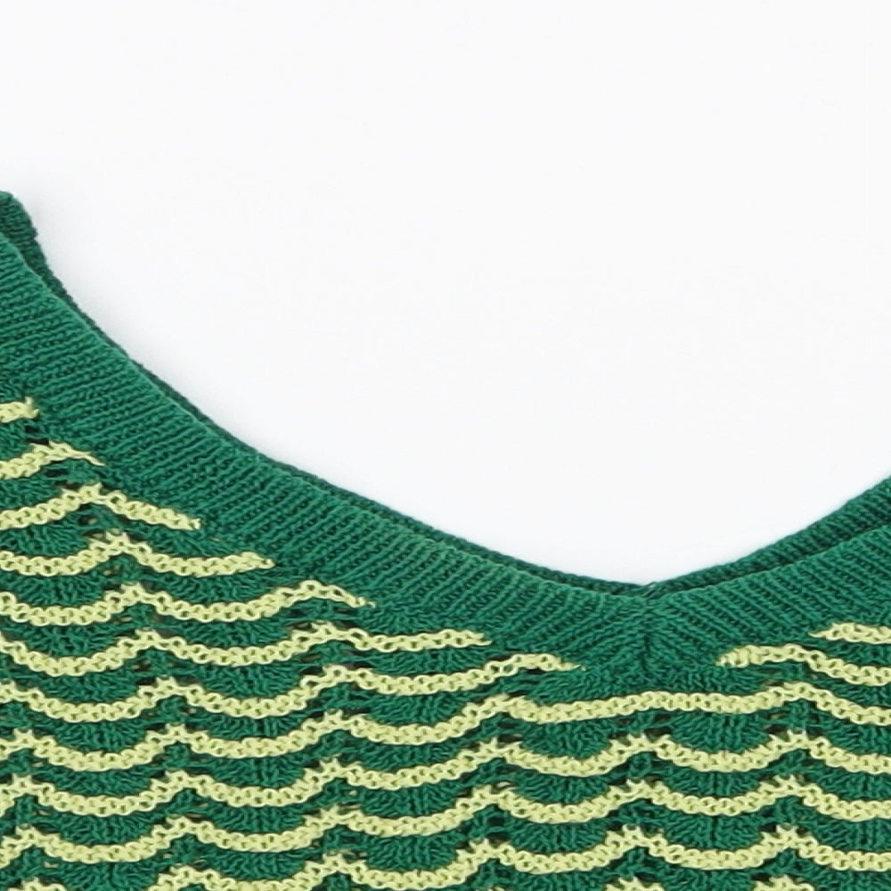 Zara Knit Womens Green V-Neck Geometric Cotton Pullover Jumper Size S