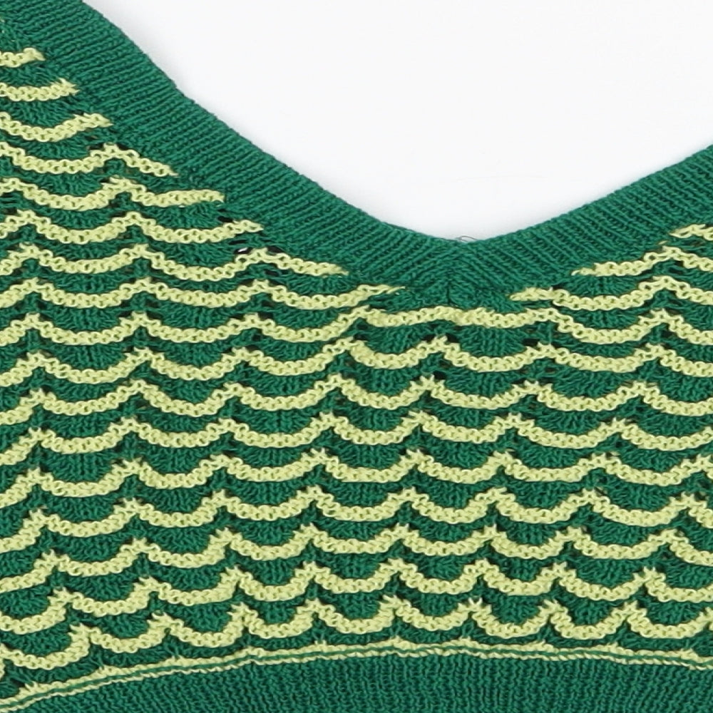 Zara Knit Womens Green V-Neck Geometric Cotton Pullover Jumper Size S