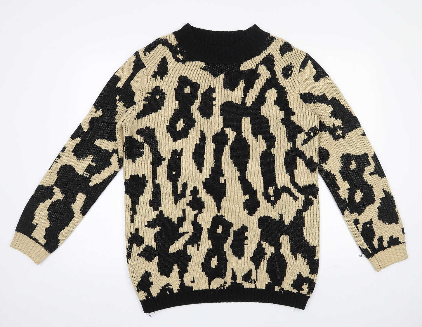 SheIn Womens Beige Round Neck Animal Print Acrylic Pullover Jumper Size L