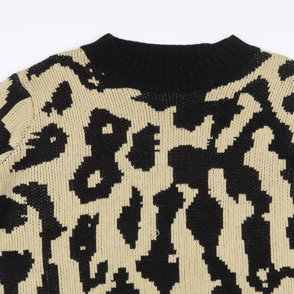SheIn Womens Beige Round Neck Animal Print Acrylic Pullover Jumper Size L