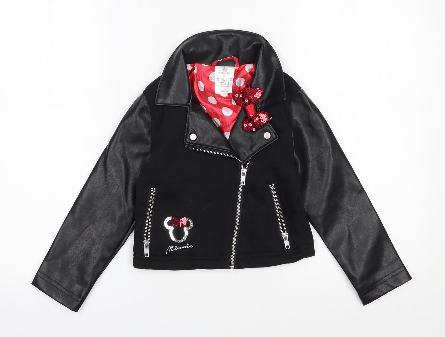 Disney Girls Black   Biker Jacket Size 4 Years  Zip - Minnie mouse