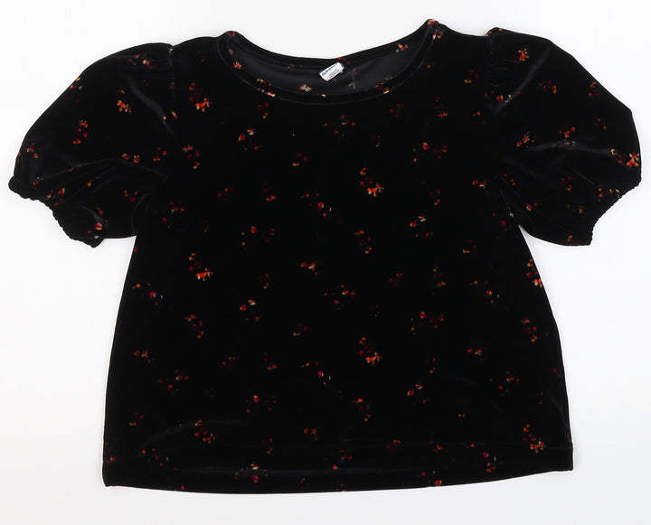 Old Navy Womens Black Floral Polyester Basic Blouse Size S Round Neck - cropped