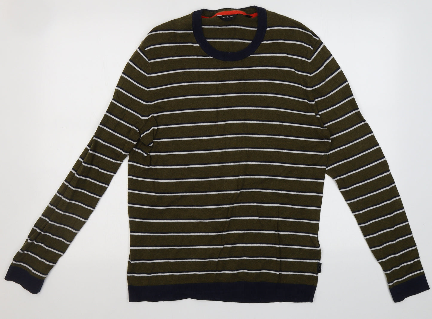 Ted Baker Mens Green Round Neck Striped Cotton Pullover Jumper Size L