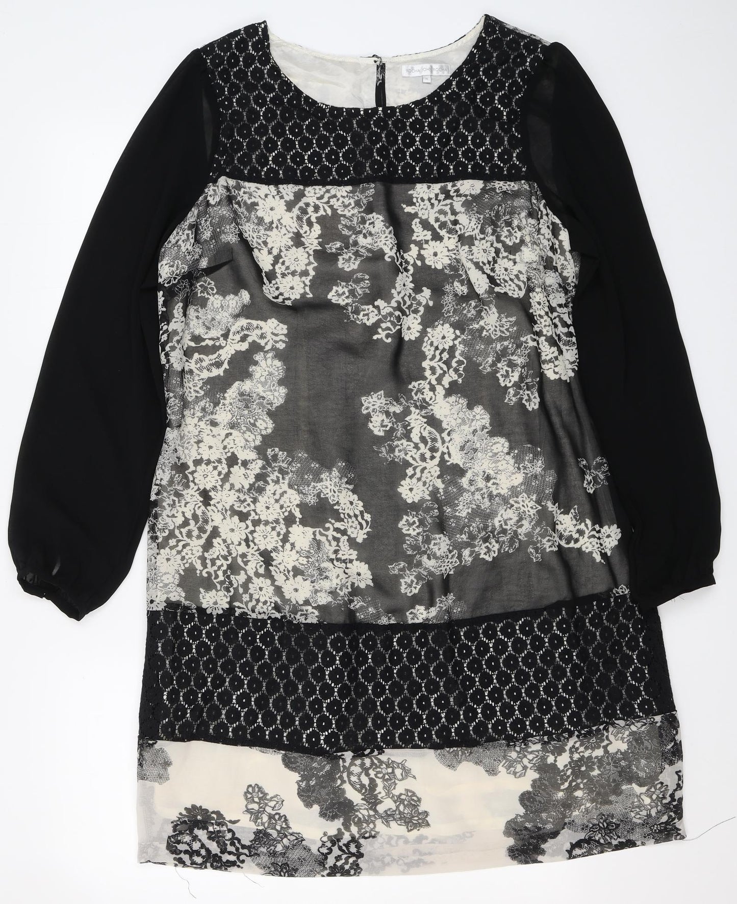 John Rocha Womens Black Floral Polyester Tunic Blouse Size 16 Boat Neck