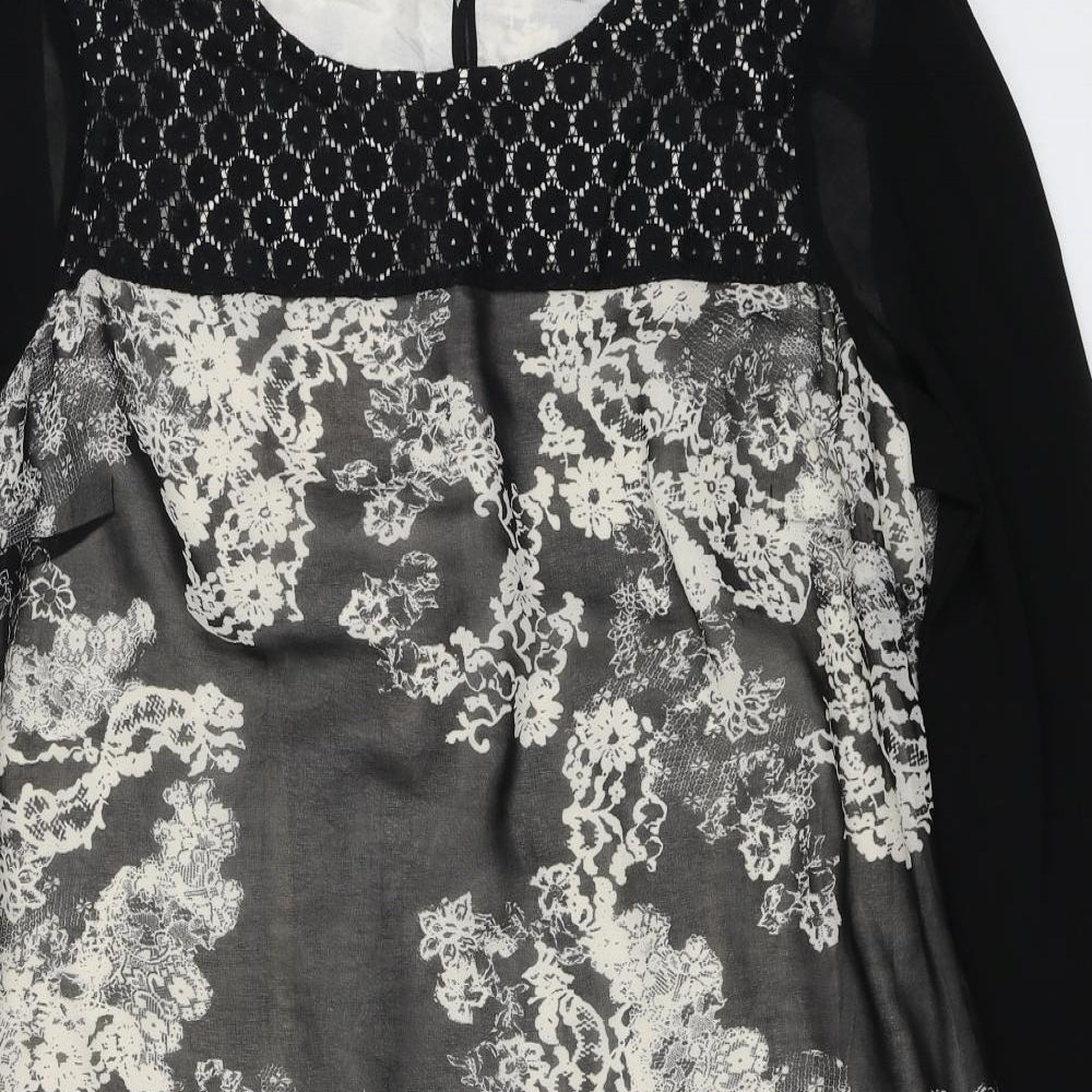 John Rocha Womens Black Floral Polyester Tunic Blouse Size 16 Boat Neck